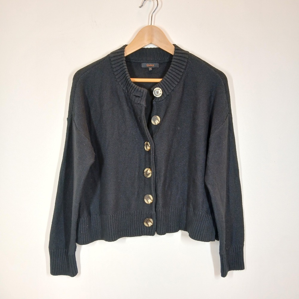 Quince Cardigan Women Small Black Organic Cotton Chunky Knit Button Front